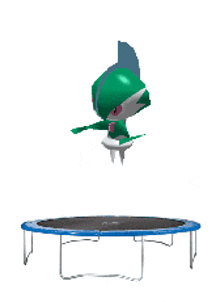 a green and white cartoon character is jumping on a blue trampoline