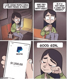 a cartoon of a girl holding a cell phone with paypal on it