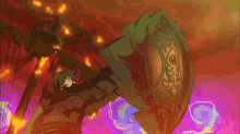 a cartoon drawing of a man flying through the air with a purple swirl in the background