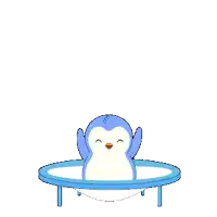 a penguin is jumping on a trampoline with its eyes closed