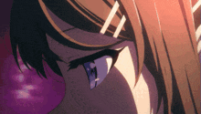 a close up of a anime girl 's face with a purple background