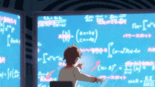 a person is standing in front of a blue board with mathematical equations on it