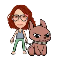 a cartoon of a woman standing next to a brown dog