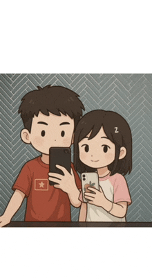 a boy and a girl are taking a selfie with their cell phones