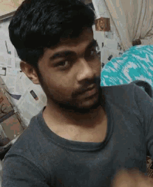 a man with a beard wearing a gray shirt looks at the camera