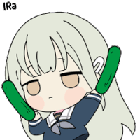 a cartoon of a girl holding two green cucumbers with the word ira behind her