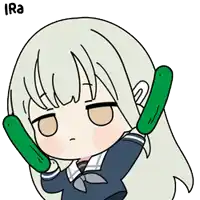 a cartoon of a girl holding two green cucumbers with the word ira behind her