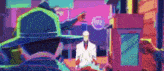 a man in a white suit and tie is standing in front of a car in a colorful pixel art .
