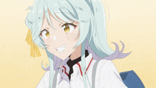 a girl with blue hair and yellow eyes smiles for the camera