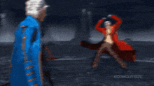 a cartoon of a man in a blue shirt standing next to another man in a red coat