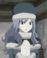 a girl with purple hair and a white hat is looking at the camera