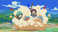 a cartoon of a girl holding a bat in a cloud of dust