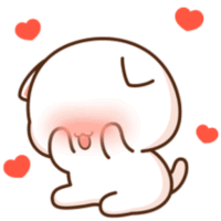 a cartoon cat is covering its face with its paw and surrounded by hearts .