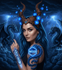 a woman with blue hair has a dragon tattoo on her arm and a wd33 logo