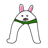 a cartoon drawing of a white rabbit with pink ears and a green belt around its waist .