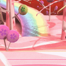 a cartoon illustration of a candy land with trees and flowers
