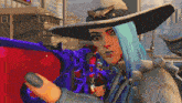 a witch with blue hair is holding a gun