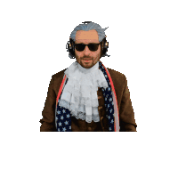 a man wearing a wig and sunglasses waves his hand