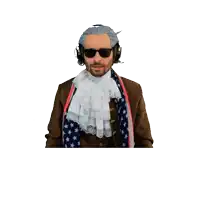 a man wearing a wig and sunglasses waves his hand