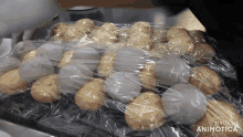 a bunch of potatoes wrapped in plastic wrap with the words made in animatica at the bottom