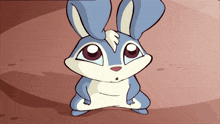 a cartoon of a blue and white rabbit sitting on the ground