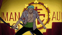 a man in a striped shirt is holding a sword in front of a banner that says maneau