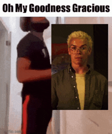 a man with glasses and a beard is standing next to a picture of a man with blonde hair