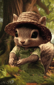 a painting of a squirrel wearing a hat and overalls