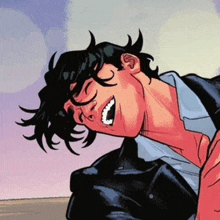a man in a leather jacket is laying down with his mouth open .
