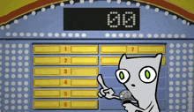 a cartoon cat is holding a microphone in front of a scoreboard that says 00 on it