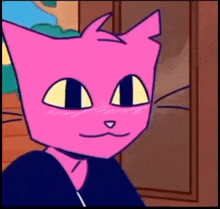 a close up of a pink cartoon cat 's face with yellow eyes .
