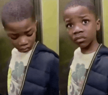 a young boy is standing in an elevator and making a sad face .