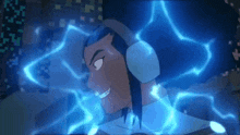 a cartoon character with headphones on is surrounded by blue lightning and is smiling .