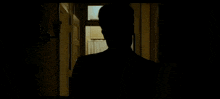 a silhouette of a man talking on a telephone in a dark hallway .