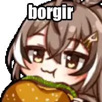 a cartoon girl is eating a hamburger with the word borgir on it