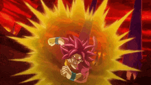 a cartoon character with pink hair is surrounded by a burst of light .