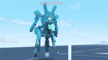 a blue robot with a green sword and the words " mech spin " above it
