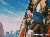 a man in a suit is flying through the air on a plane .