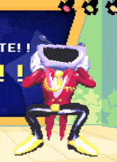 a pixel art drawing of a man with a helmet on his head and the word te behind him