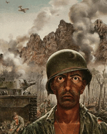 a painting of a man in a helmet with planes flying in the background
