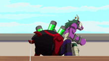 a cartoon character with a crown on his head is sitting on a table