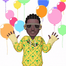 a cartoon of a man wearing a yellow and green sweatshirt with skulls on it surrounded by balloons