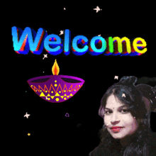 a welcome sign with a woman and a candle