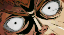 a close up of a cartoon character 's face with white eyes and a red nose .
