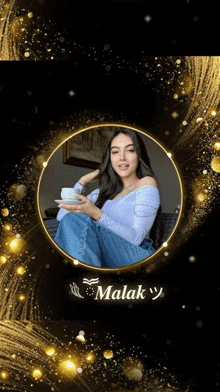 a woman sits on a couch holding a cup of coffee and the name malak