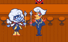 a pixel art of two cartoon characters standing next to each other in a room
