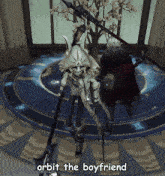 a video game character with the words orbit the boyfriend written on it