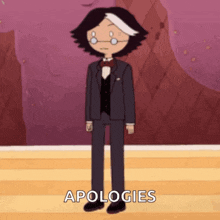 a cartoon character in a suit and bow tie is standing in a room with the words apologizes written on the floor .