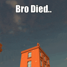 a cartoon character is standing in front of a building that says bro died on it