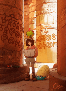 a drawing of a girl reading a map next to a snail with the letters osi on the bottom